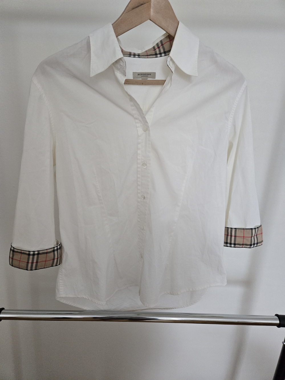 Burberry Women's White Fitted Button-Up Shirt with Nova Check Trim